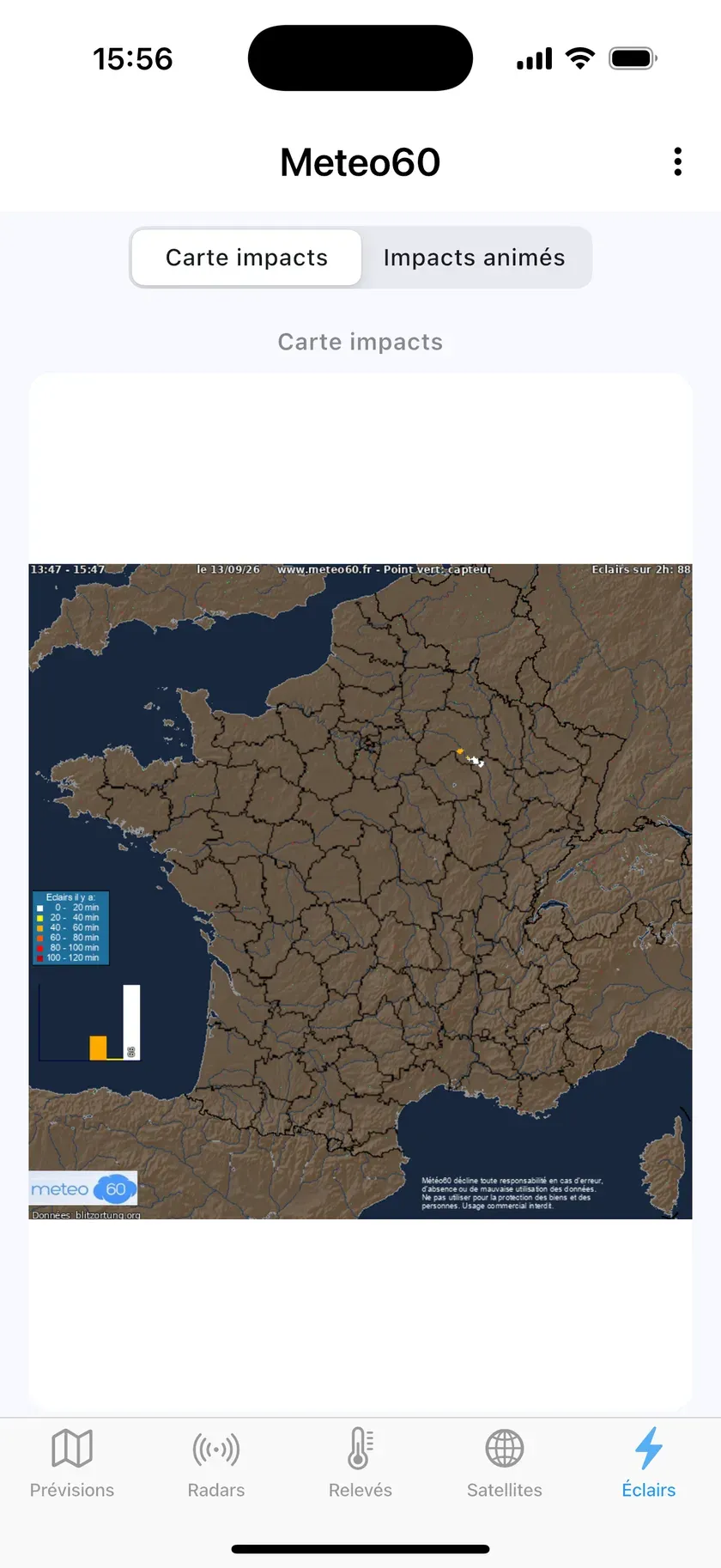 Carte des impacts de foudre en temps réel dans Météo60