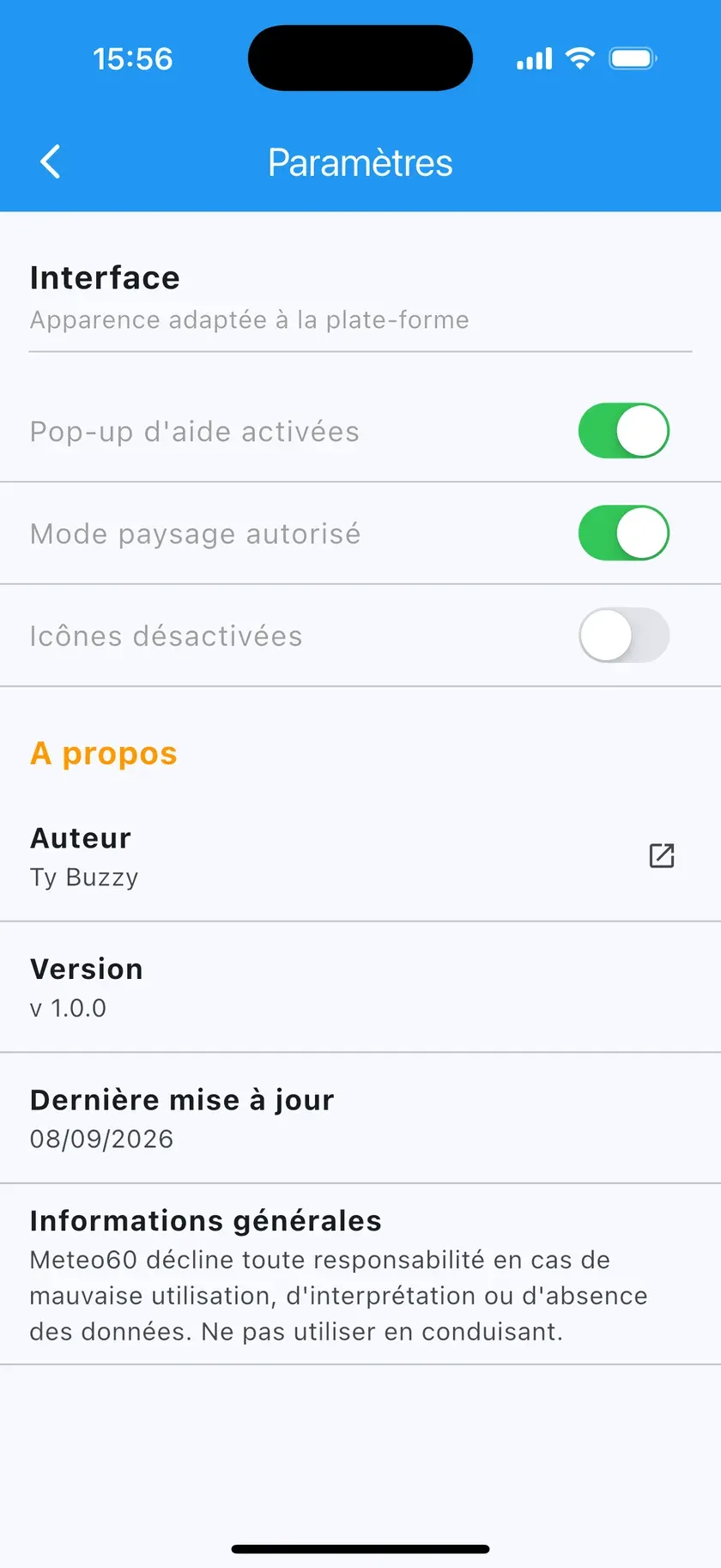 Écran des réglages de l'application Météo60